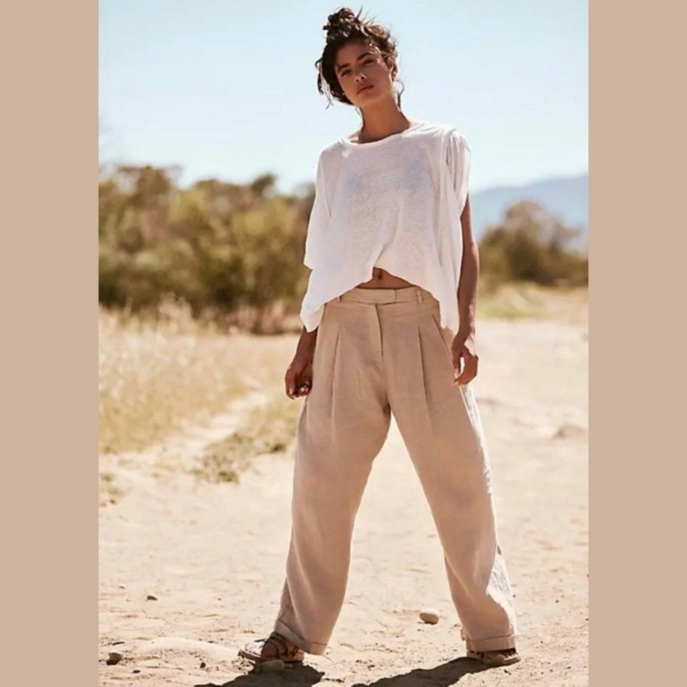 Free People Lyla Linen Trousers Womens Size‎ 6 Pleated Wide Leg Cropped Pants